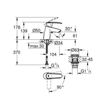 Grohe Wastafelkraan Start S Met Hendel En Waste Chroom - Afbeelding 2