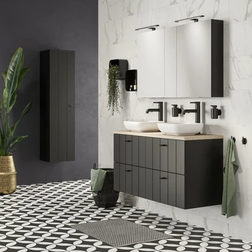 Tiger Maryport Badkamermeubelset 120 Cm Mat Zwart Met Licht Eiken Houten Wasblad, Keramische Opzetkommen En Matzwarte Grepen - Afbeelding 9