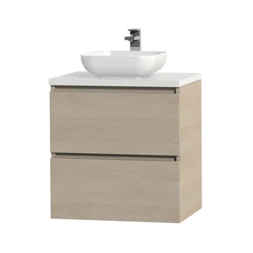 Tiger Karlo Badkamermeubelset 60 Cm Naturel Eik Met Wit Houten Wasblad En Glanzend Witte Keramische Waskom