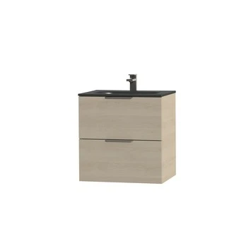 Tiger Studio Badkamermeubel 60 Cm Naturel Eiken Met Wastafel Polybeton Mat Zwart Greep Rvs Plat - Afbeelding 3