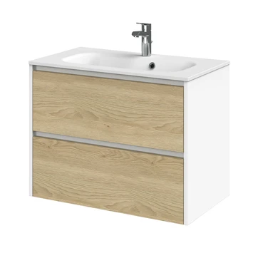 Tiger Reverse Meubelset 80 Cm Met 2 Lades Naturel Eik / Mat Wit Inclusief Oval Wastafel Mat Wit