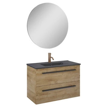Atlantic Badmeubelset Stella Met Spiegel En Zwarte Wastafel 80cm Canela Eiken