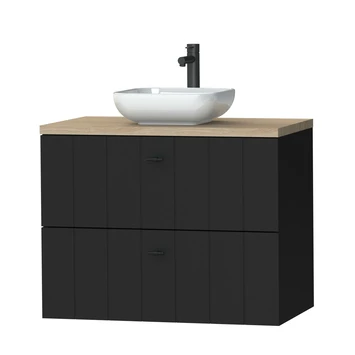 Tiger Maryport Badkamermeubelset 80 Cm Mat Zwart Met Licht Eiken Houten Wasblad, Keramische Opzetkom En Matzwarte Grepen