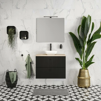 Tiger Maryport Badkamermeubelset 80 Cm Mat Zwart Met Licht Eiken Houten Wasblad, Keramische Opzetkom En Matzwarte Grepen - Afbeelding 13