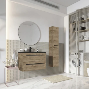 Atlantic Badmeubelset Stella Met Spiegel En Zwarte Wastafel 60cm Canela Eiken - Afbeelding 2