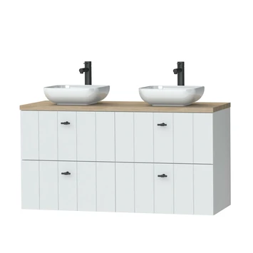 Tiger Maryport Badkamermeubelset 120 Cm Mat Wit Met Licht Eiken Houten Wasblad, Keramische Opzetkom En Matzwarte Grepen