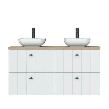 Tiger Maryport Badkamermeubelset 120 Cm Mat Wit Met Licht Eiken Houten Wasblad, Keramische Opzetkom En Matzwarte Grepen - Afbeelding 3