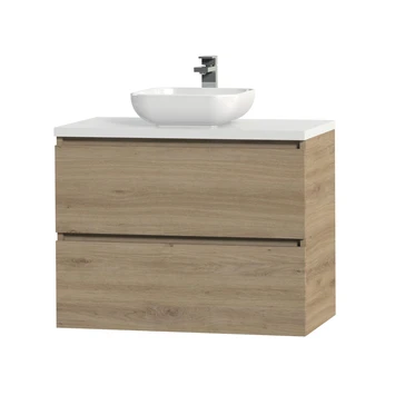 Tiger Karlo Badkamermeubelset 80 Cm Chalet Eik Met Wit Houten Wasblad En Glanzend Witte Keramische Waskom