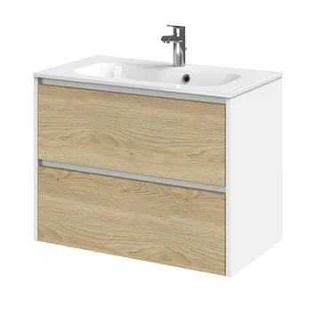 Tiger Reverse Meubelset 80 Cm Met 2 Lades Naturel Eik / Mat Wit Inclusief Oval Wastafel Hoogglans Wit